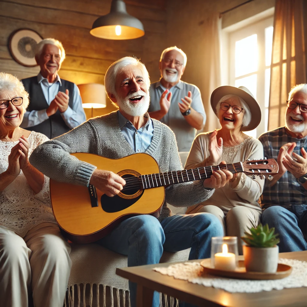 Idoso tocando violão e cantando para outros idosos