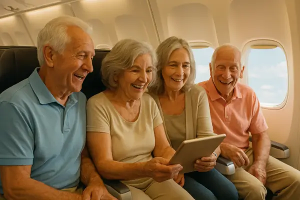 Idosos Viajando de avião e em grupo