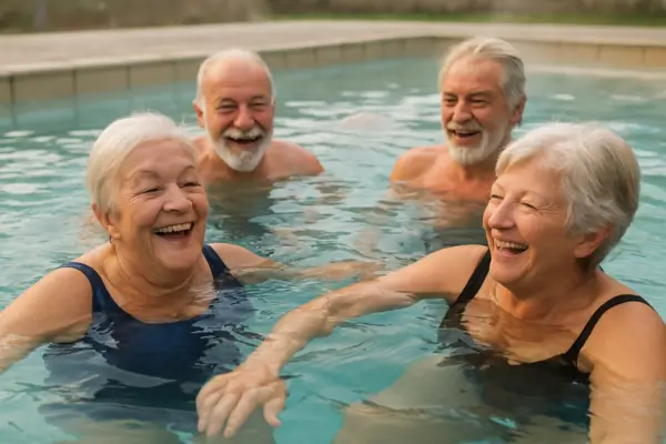 Idosos brincando nas águas termais