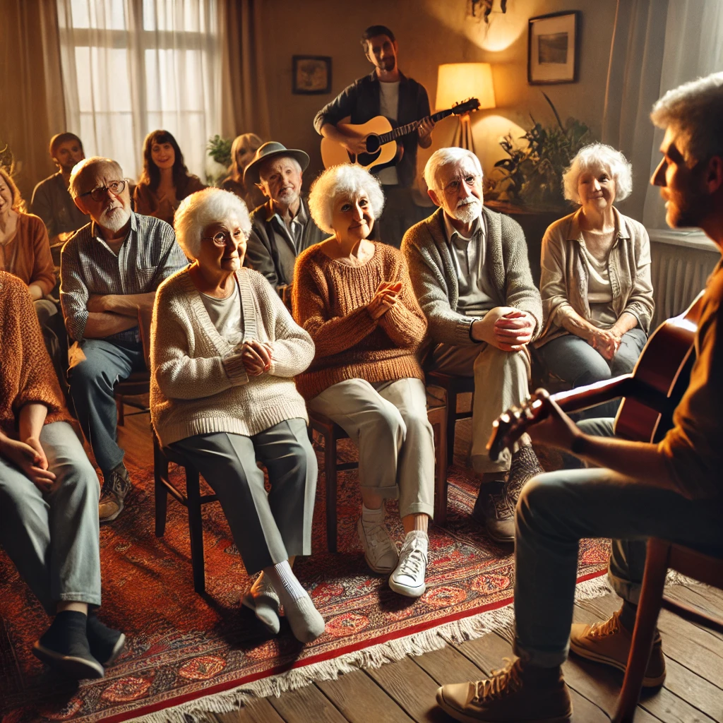 Idosos praticando musicoterapia