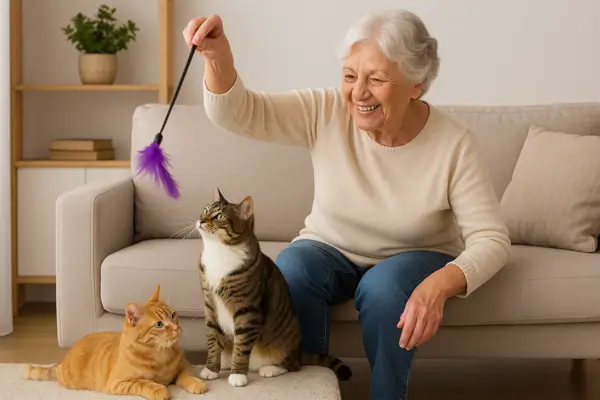 Idosa brincando com seus gatos