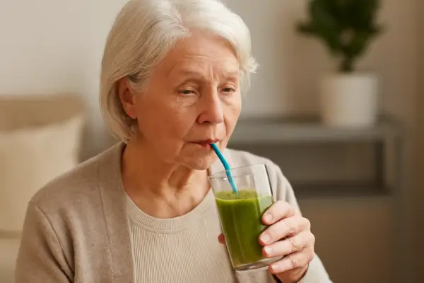 Idosa se alimentando com comida Liquidificada