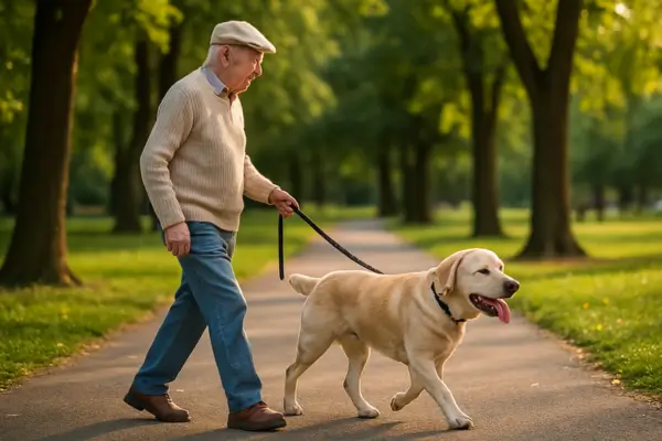 Idoso passeando com seu cachorro