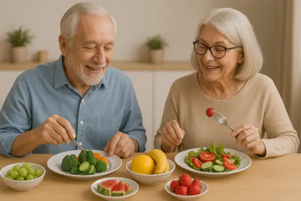 Idosos comendo Frutas e vegetais frescos fontes de vitaminas e fibras