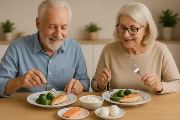 Idosos comendo proteínas magras