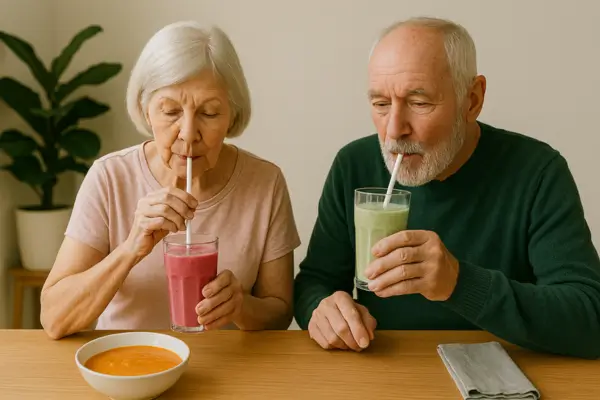 Idosos experimentando comida Liquidificada