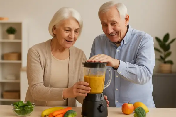 Idosos preparando comida Liquidificada