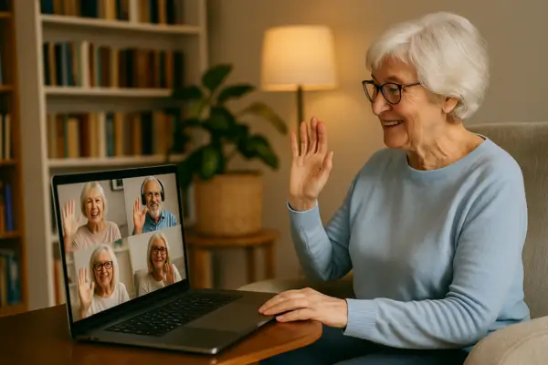 idosa participando de atividade em grupo Online