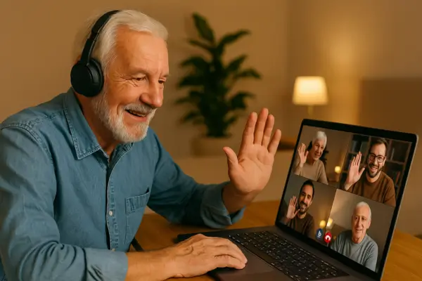 idoso participando de atividade em grupo Online