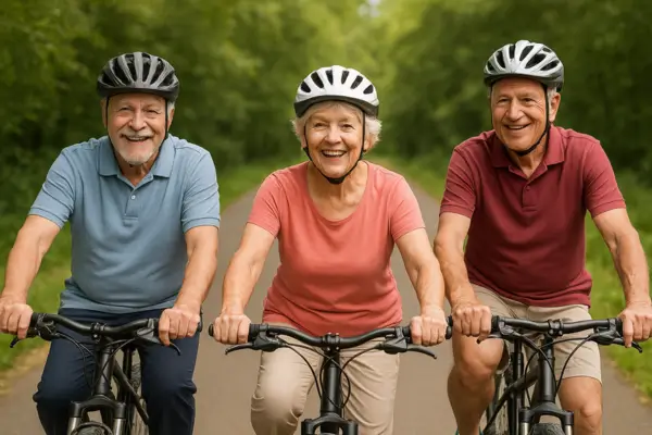 idosos se divertindo fazendo Ciclismo